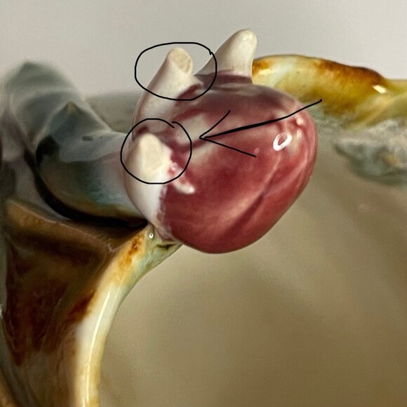 Vintage Majolica Green Glaze Leaves and Frog w Roses Vase Planter Incised Mark - Picture 9 of 14